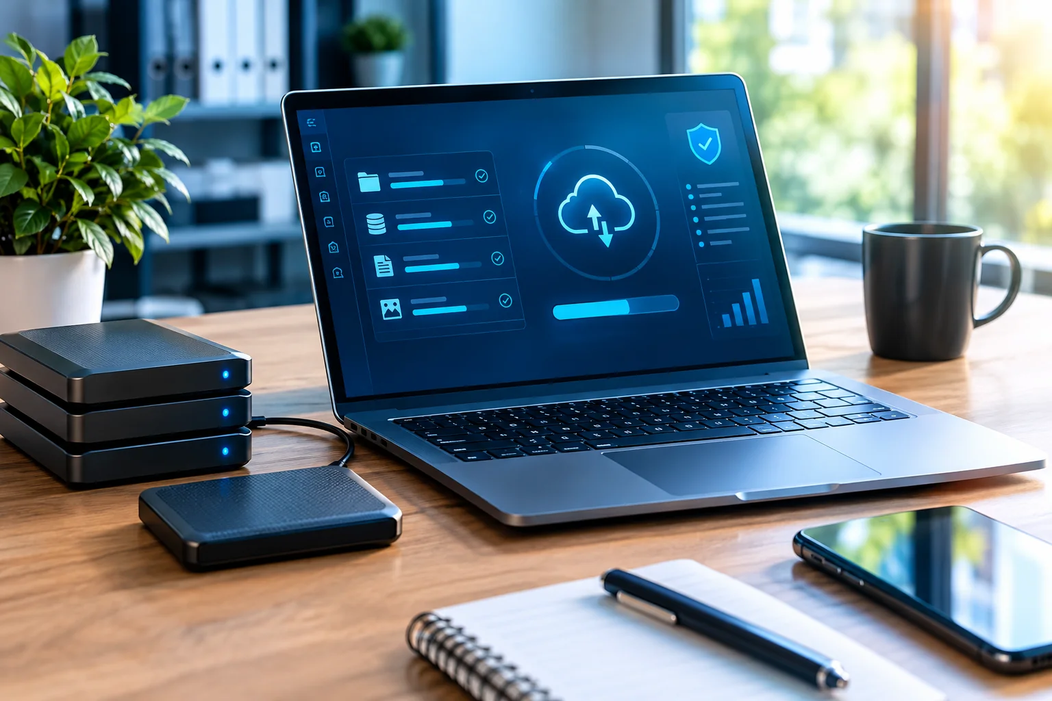 Notebook e dispositivos usados para cópia de segurança de dados